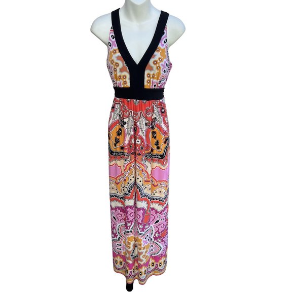 Eci New York Sleeveless V-Neck Floral Print Maxi Dress Pink/Black Multi Size 6 - Picture 1 of 10